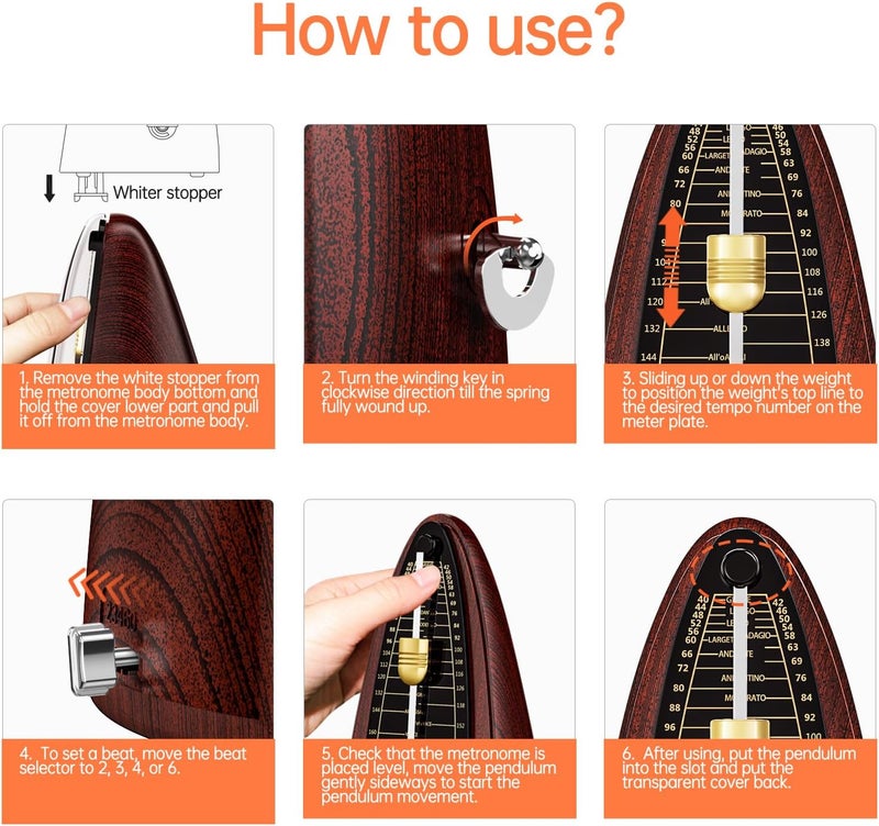 TERENCE Mechanical Metronome Metronomes for Piano Guitar Drum Violin and Other Instruments Metronomes for Beginner Adults and Kids(Brown) - Image 5